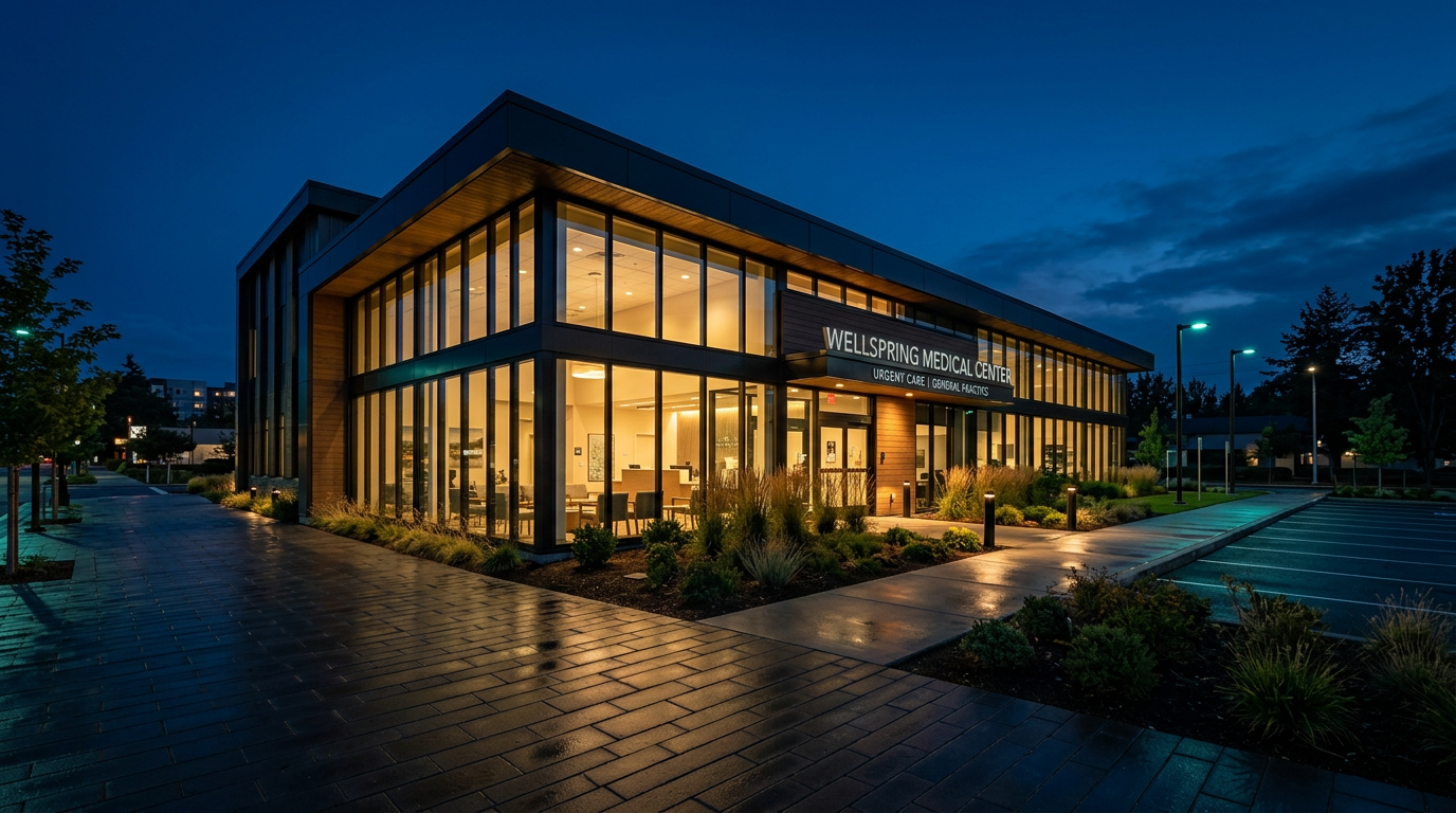 Evening exterior modern medical building architectural photography Islamabad clinic