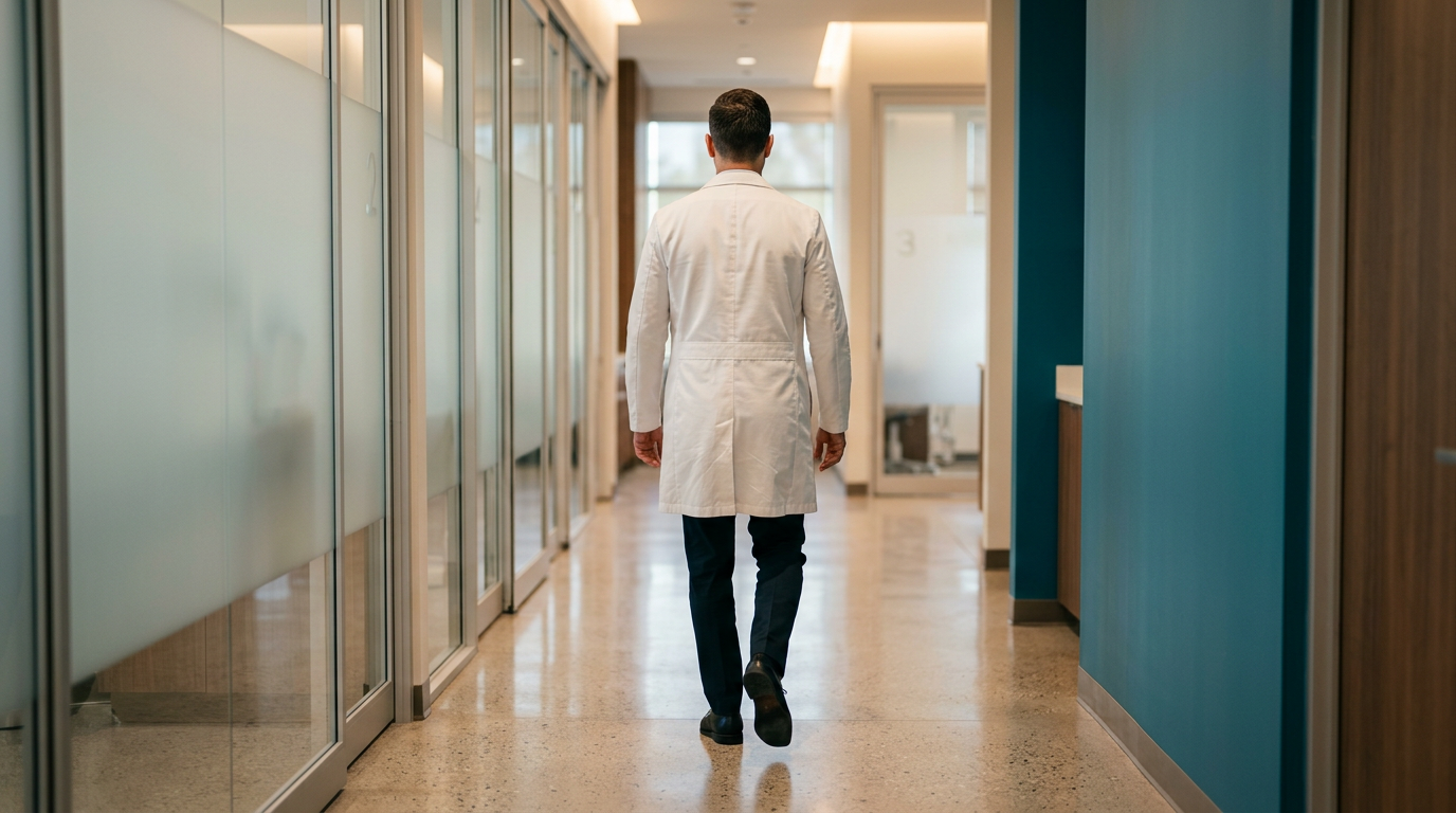 Expert dental team in modern clinic corridor — professional from behind, Islamabad